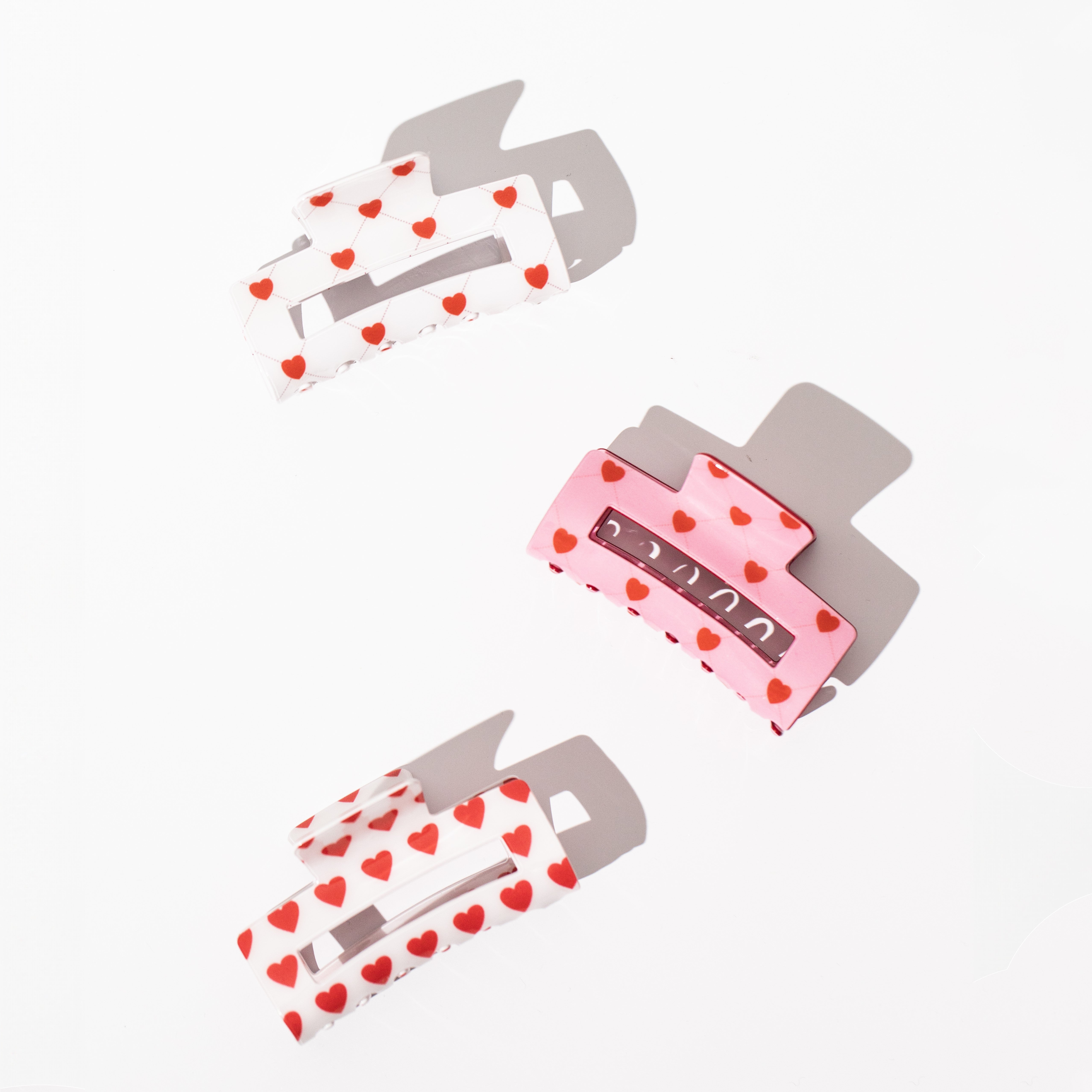 White & Red Patterned Hearts Rectangle Claw Clip