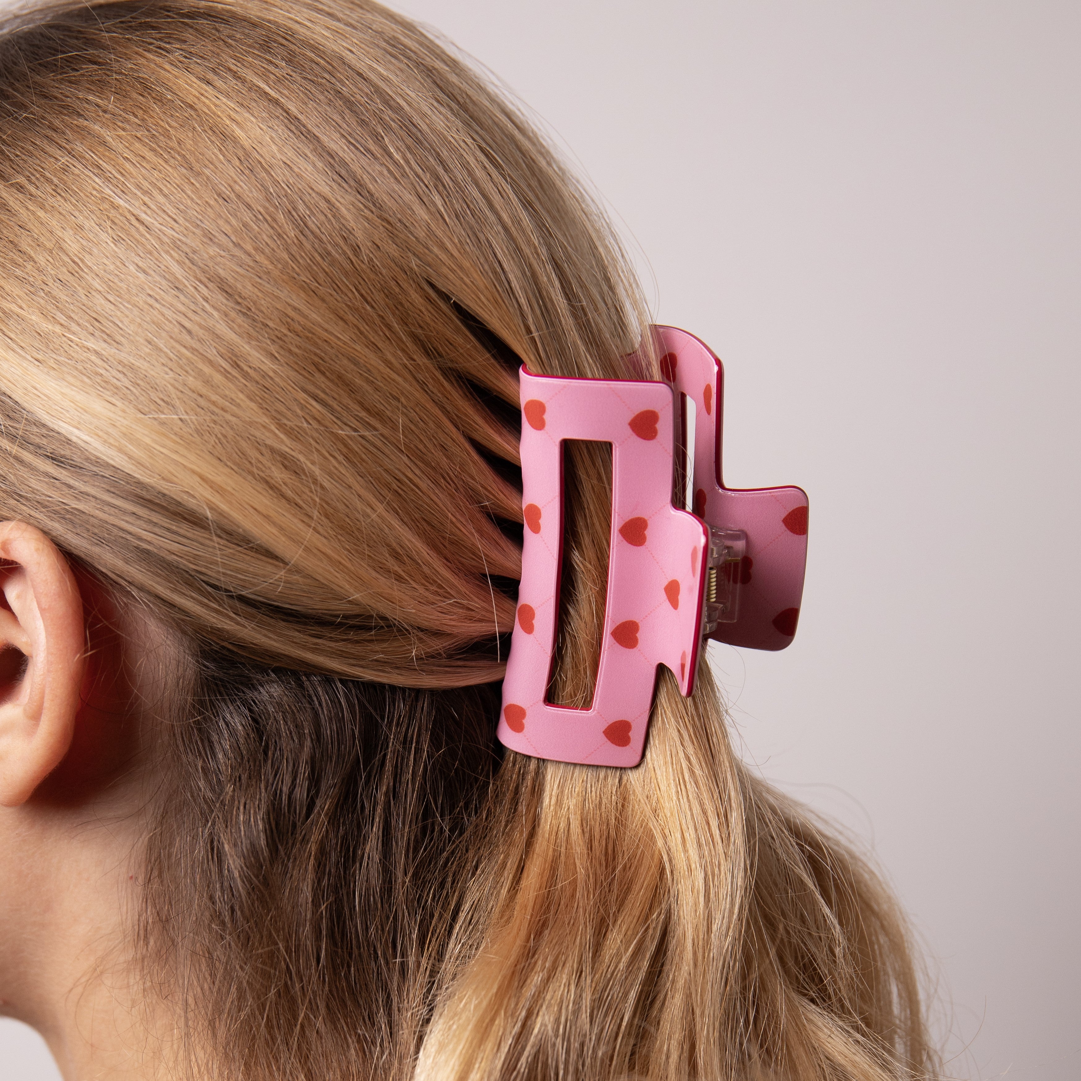 Pink & Red Patterned Hearts Rectangle Claw Clip