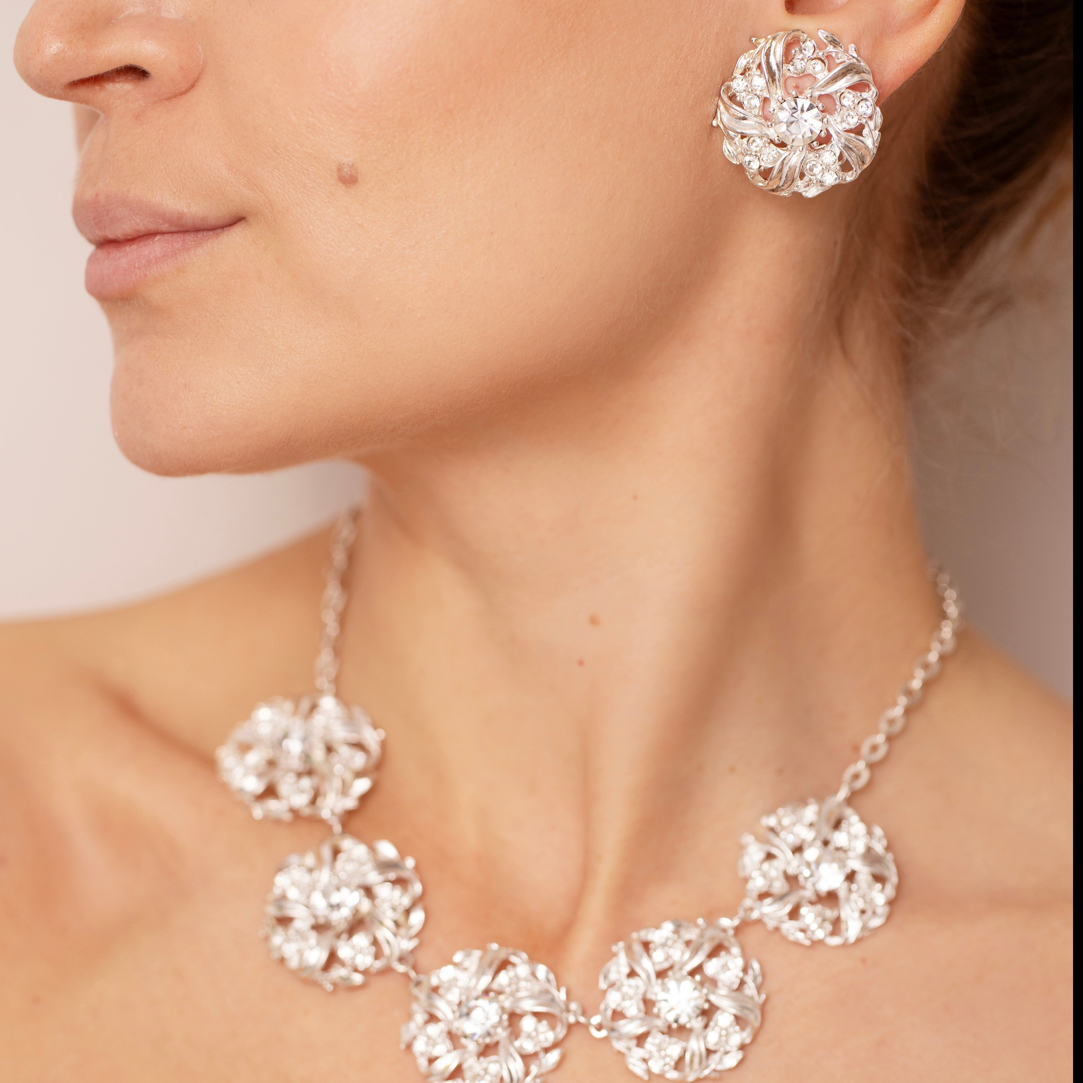 Vintage Silver Swarovski Flower Clip-On Earrings