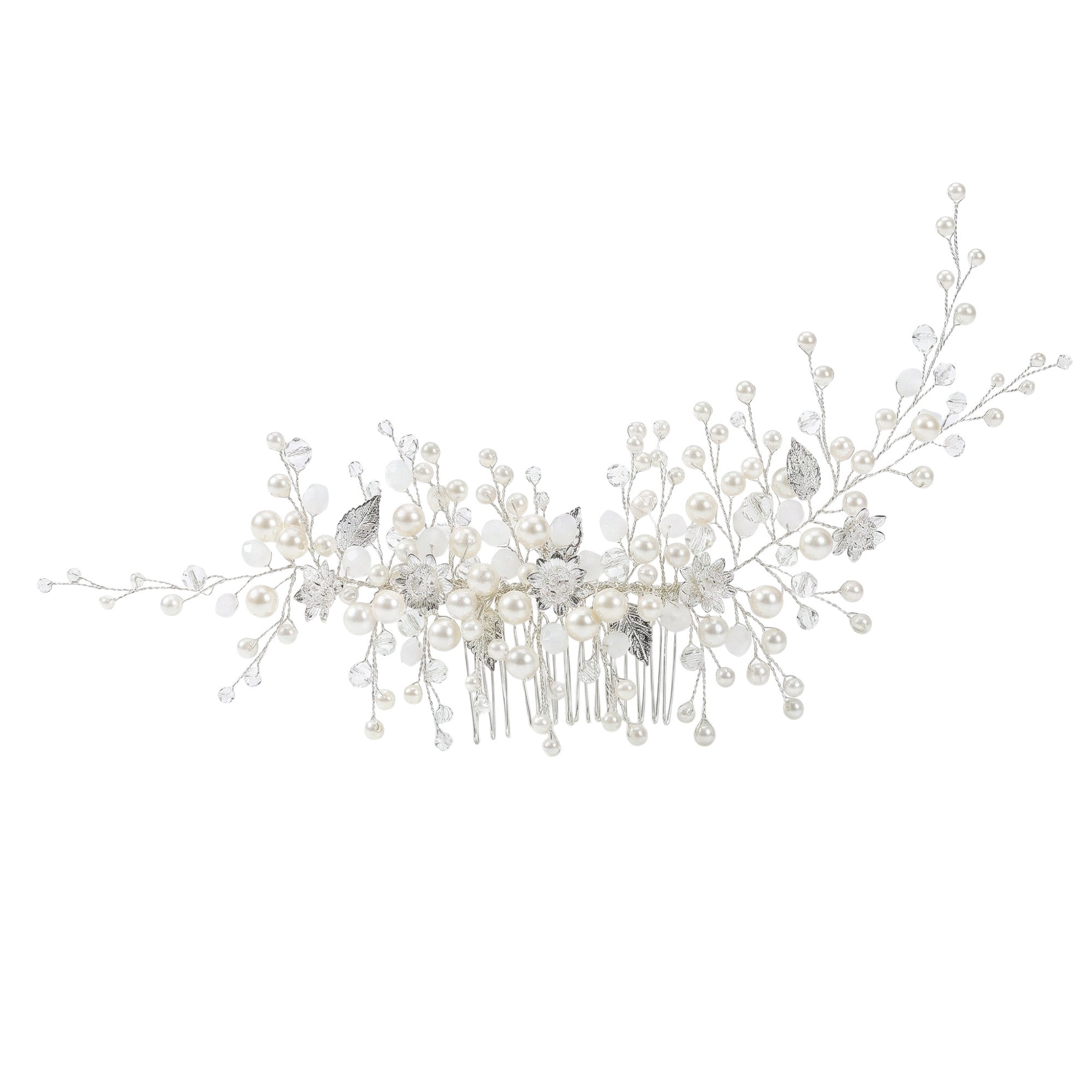 Large Silver Leaf & Pearl Hair Comb