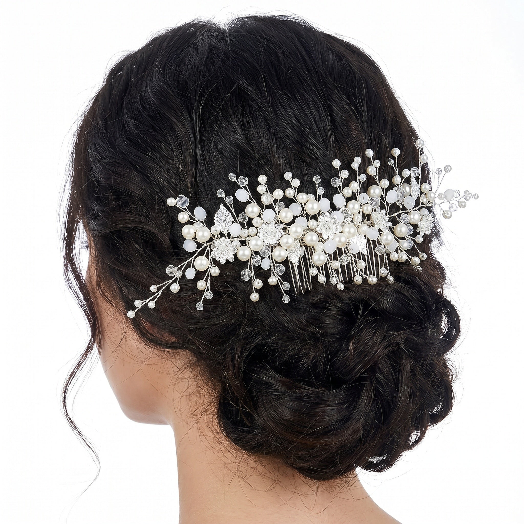 Large Silver Leaf & Pearl Hair Comb