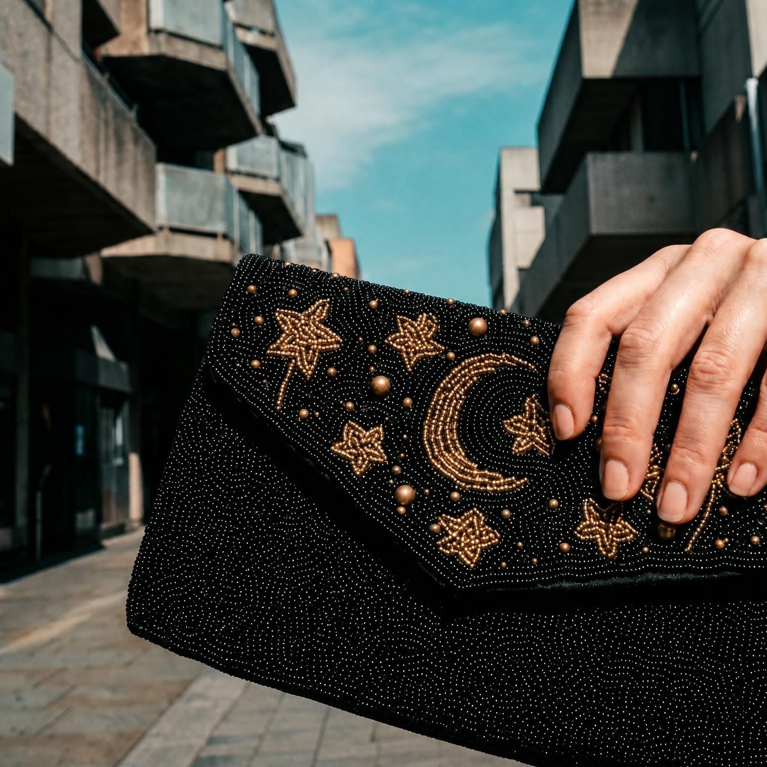 Moon & Stars Beaded Clutch Bag