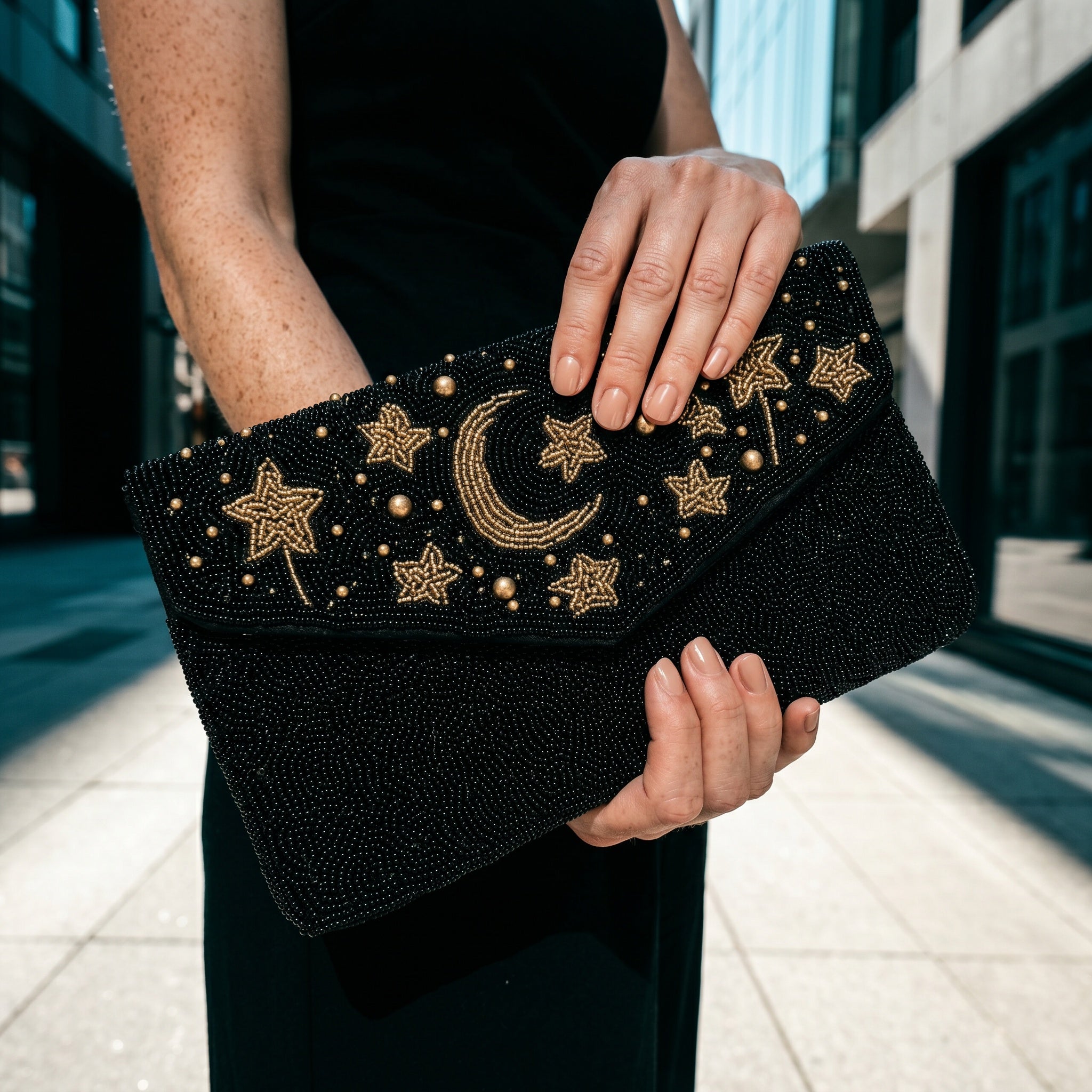Moon & Stars Beaded Clutch Bag