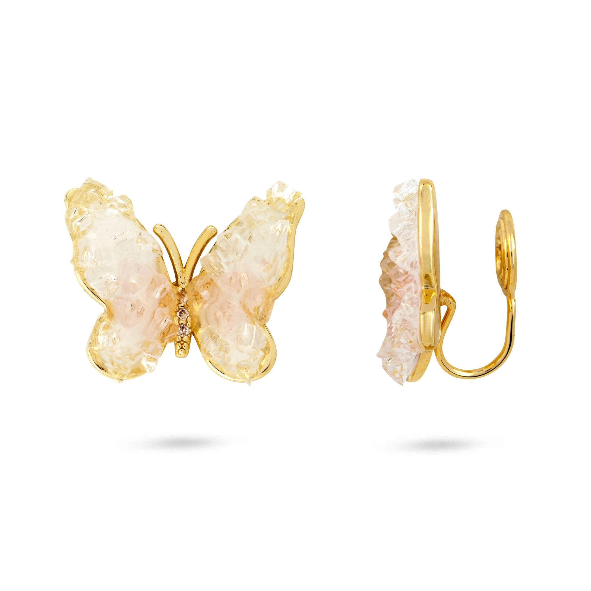 Pink Crystal Butterfly Clip On Earrings