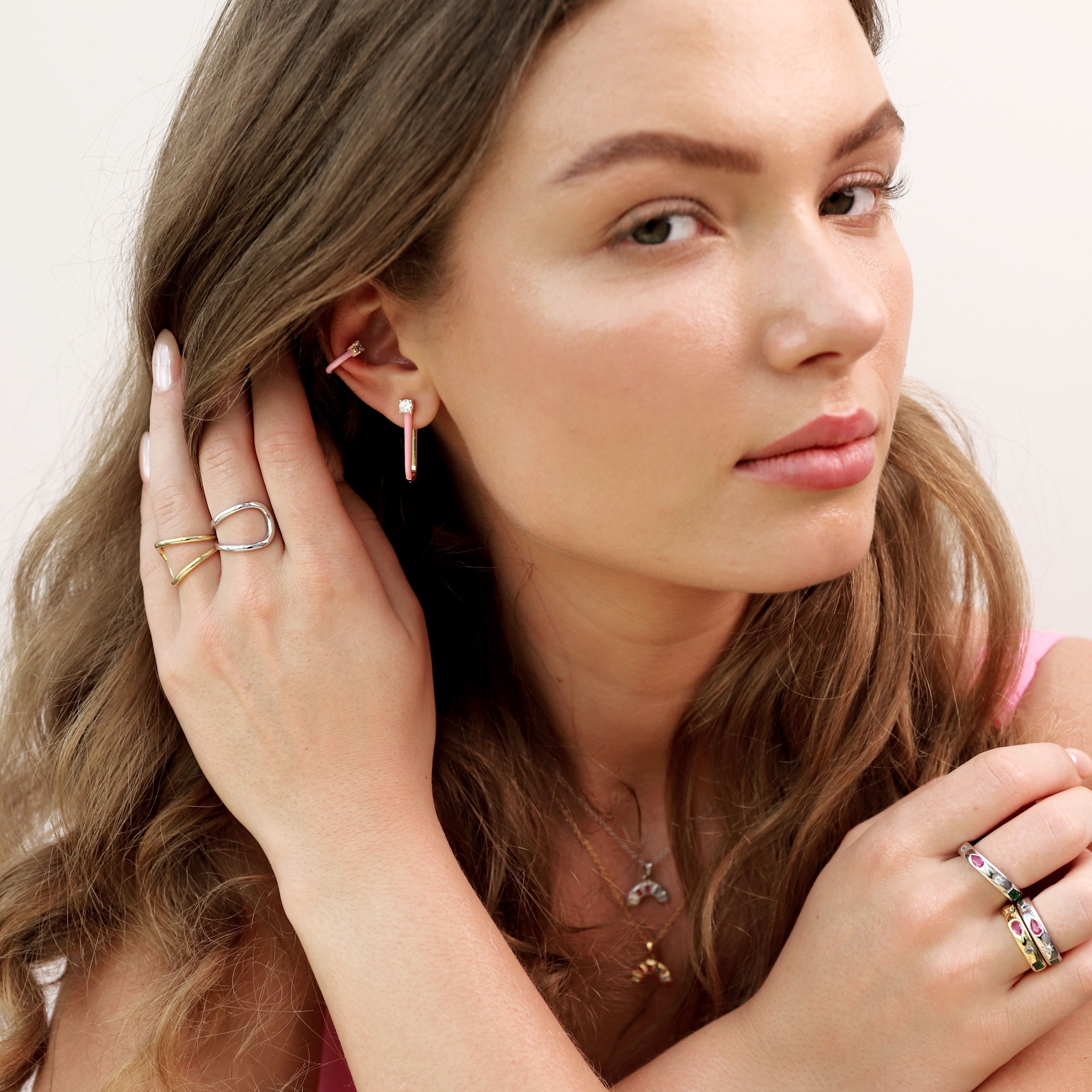 Pink Enamel U Hoop Earrings