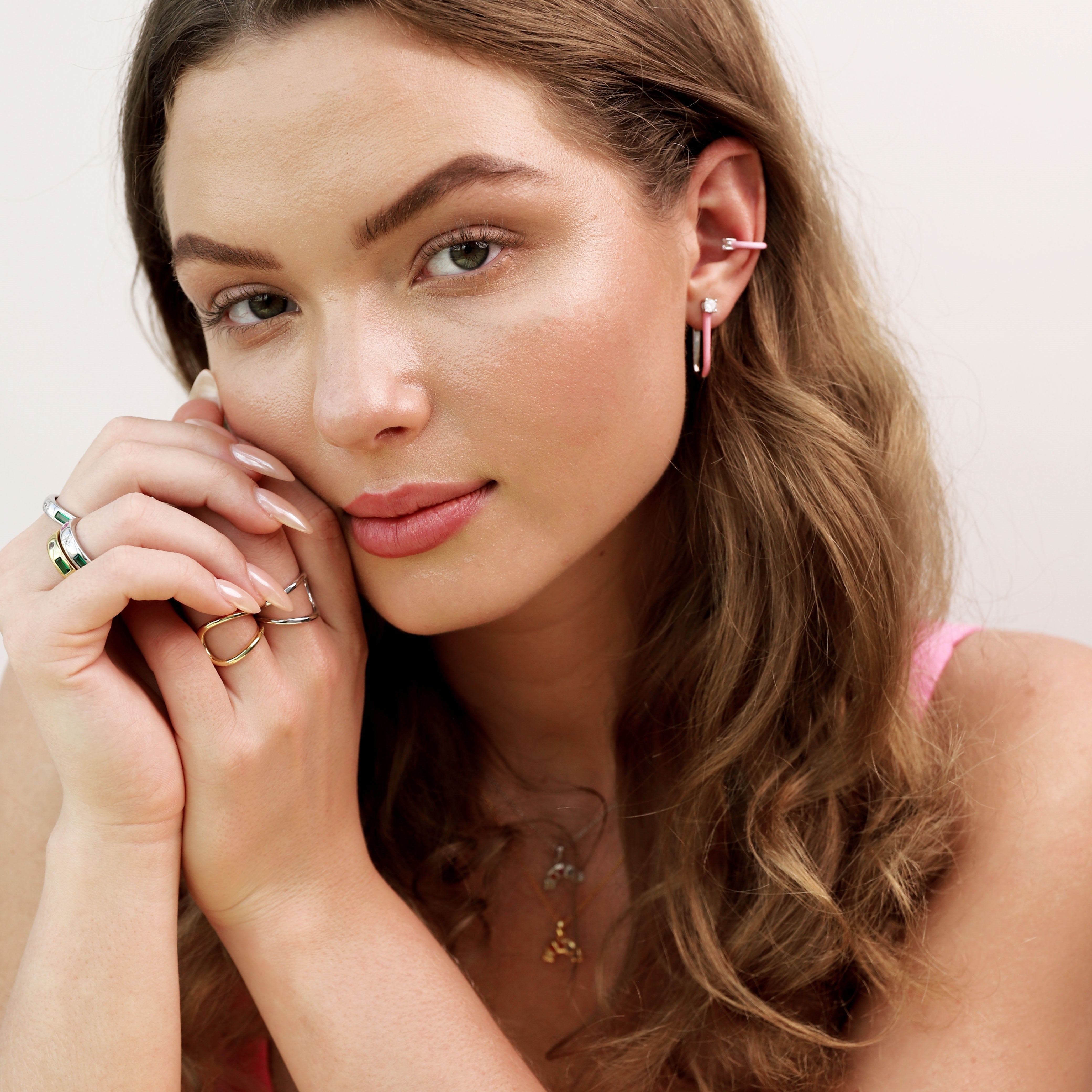 Pink Enamel U Hoop Earrings