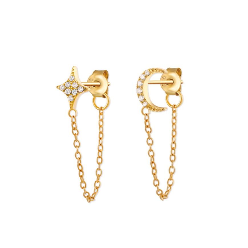 Crystal Star & Moon Chain Earrings