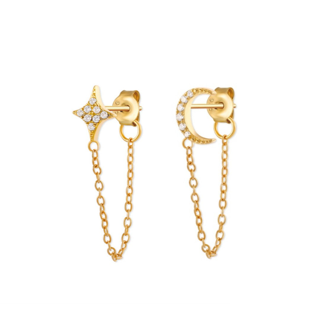 Crystal Star & Moon Chain Earrings