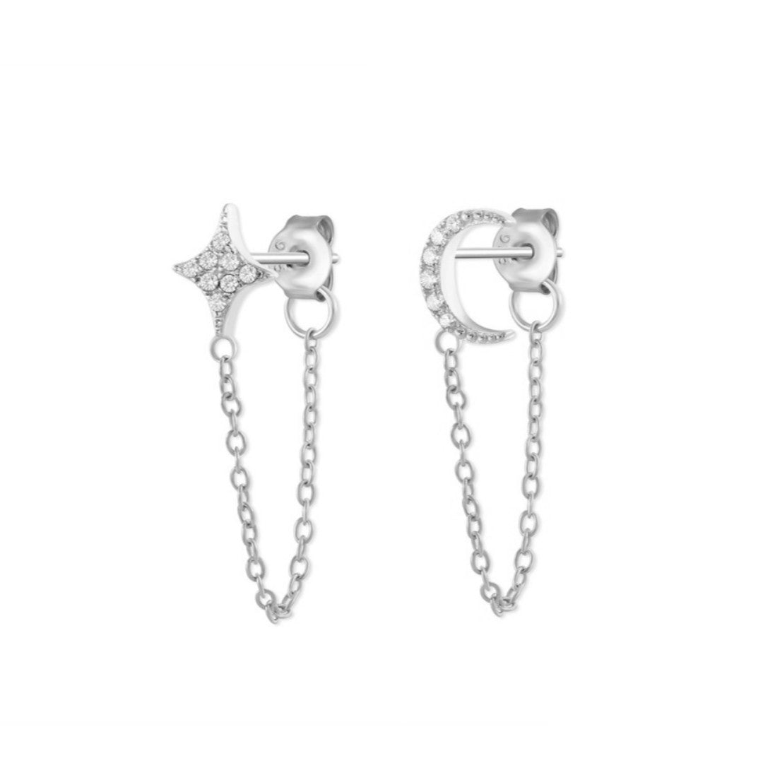 Crystal Star & Moon Chain Earrings