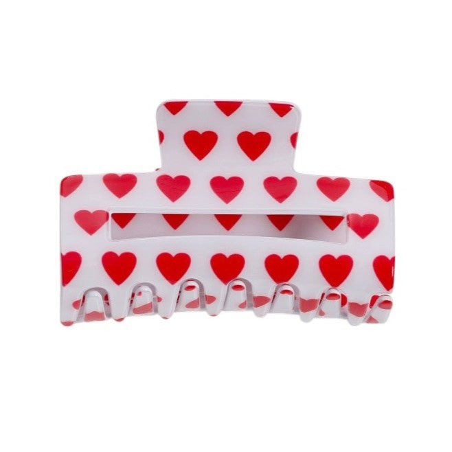 White & Red Hearts Rectangle Claw Clip