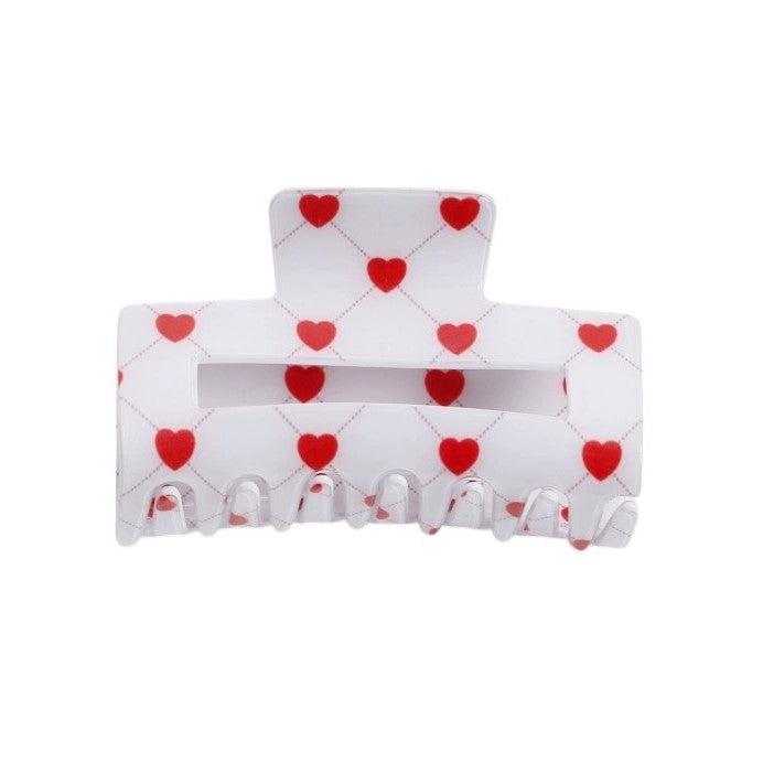 White & Red Patterned Hearts Rectangle Claw Clip