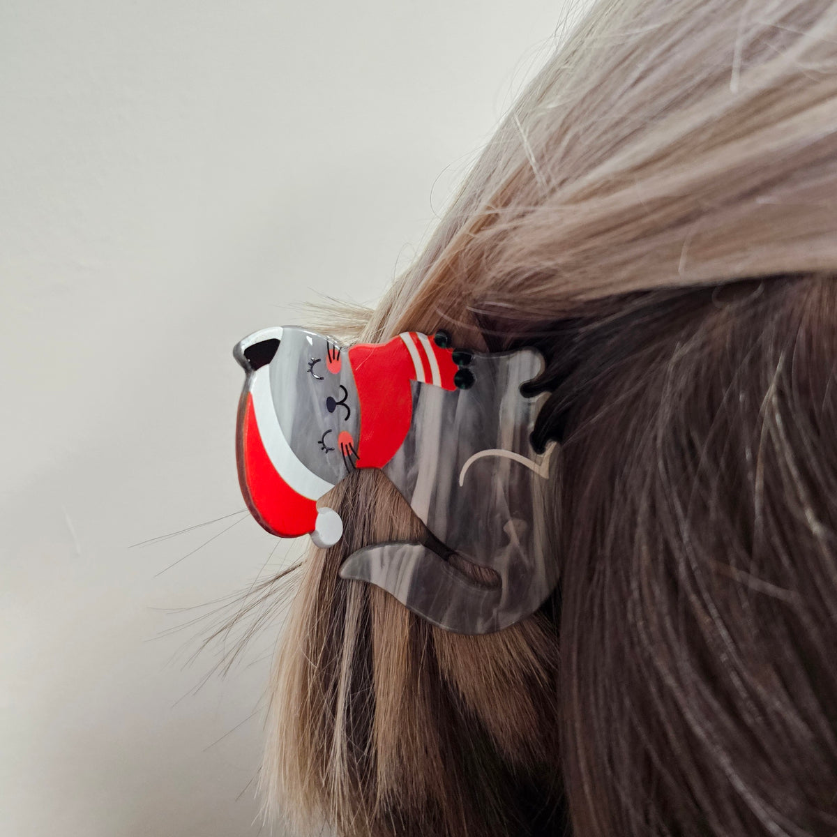 Christmas Grey Cat In Santa Hat Claw Clip