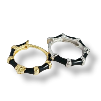 Black Enamel Bamboo Huggie Hoops