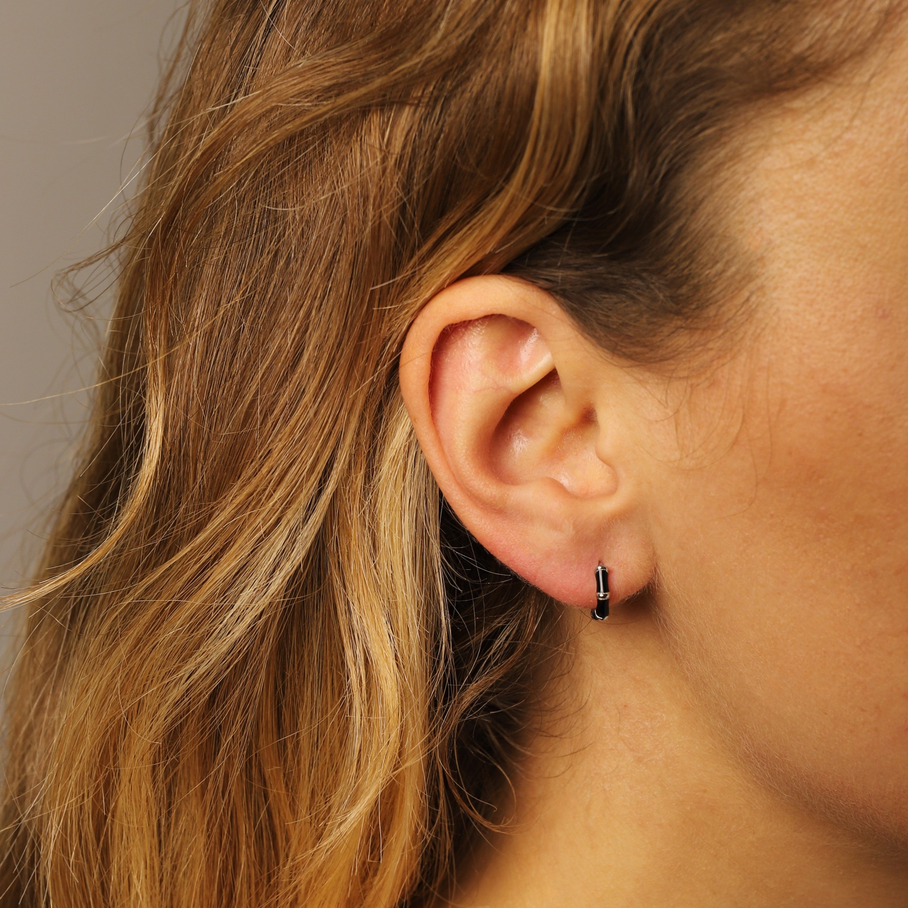 Black Enamel Bamboo Huggie Hoops