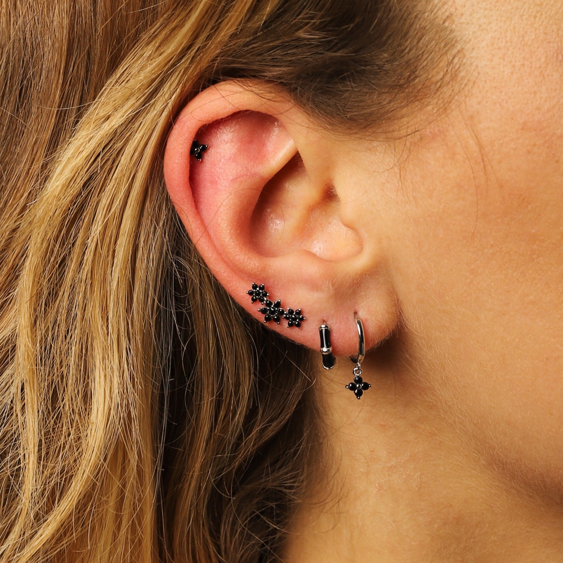 Black Crystal Flower Huggie Hoops