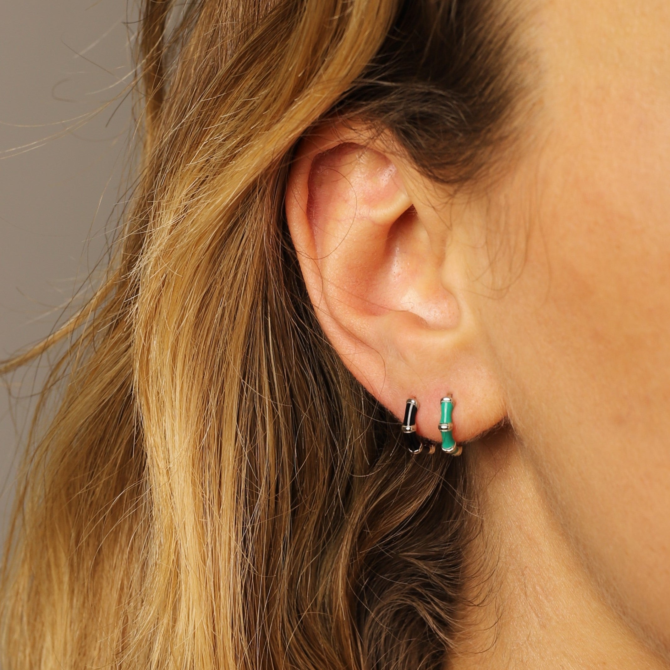 Black Enamel Bamboo Huggie Hoops